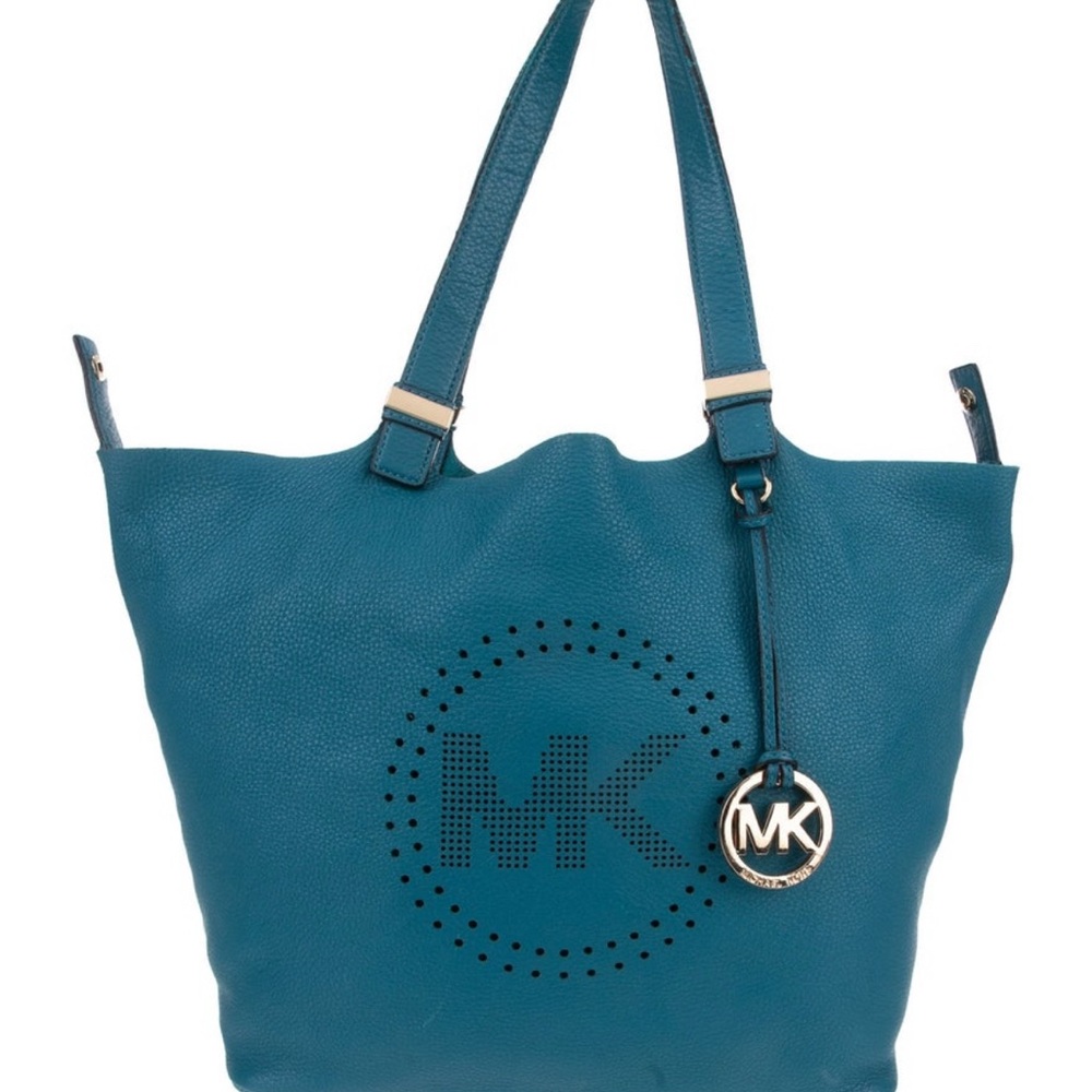 Michael Kors Blue Leather Tote with Perforated Logo and Gols Charm and Accents